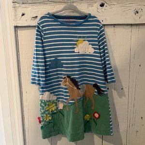 Mini Boden Blue Striped Dress with Horse and Floral Design